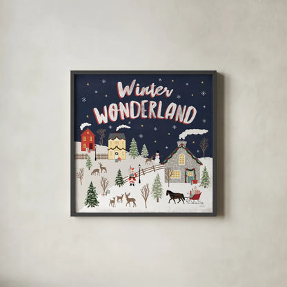Christmas Village III by Laura Marshall. Shown in a sleek black glass frame for a contemporary gallery look. Available as an archival giclee rolled canvas, fine art paper, or poster print. SKU 48502a.