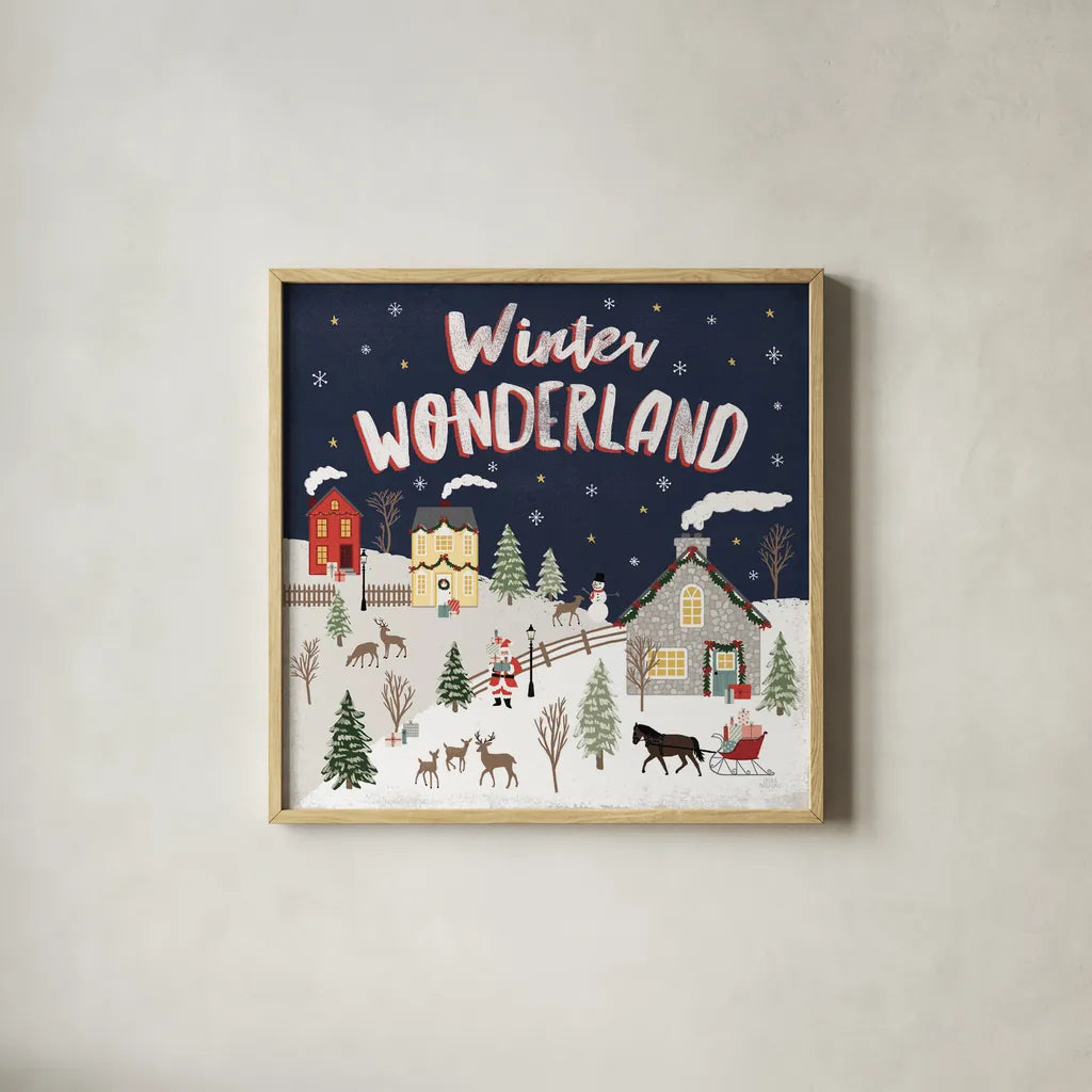 Christmas Village III by Laura Marshall. Shown in a natural wood glass frame for a timeless modern aesthetic. Available as an archival giclee rolled canvas, fine art paper, or poster print. SKU 48502a.