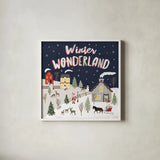 Christmas Village III by Laura Marshall. Shown in a crisp white glass frame for a clean and minimalist style. Available as an archival giclee rolled canvas, fine art paper, or poster print. SKU 48502a.