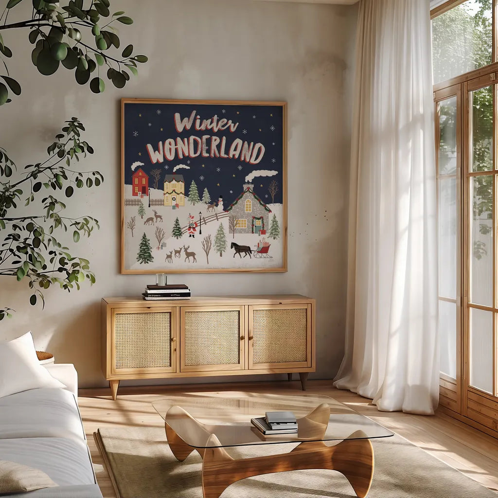 Christmas Village III by Laura Marshall. Shown in a natural wood frame in a cozy modern living room. Available as an archival giclee rolled canvas, fine art paper, or poster print. SKU 48502a.