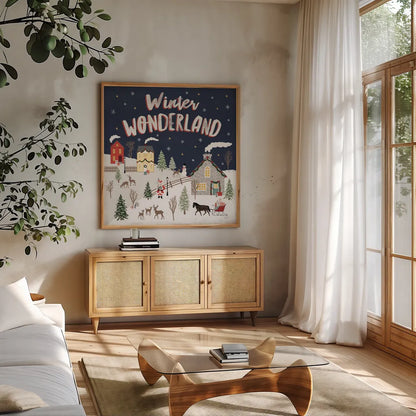 Christmas Village III by Laura Marshall. Shown in a natural wood frame in a cozy modern living room. Available as an archival giclee rolled canvas, fine art paper, or poster print. SKU 48502a.