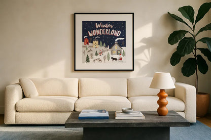 Christmas Village III by Laura Marshall. Displayed in a glass frame with matte in a clean modern living room. Available as an archival giclee rolled canvas, fine art paper, or poster print. SKU 48502a.