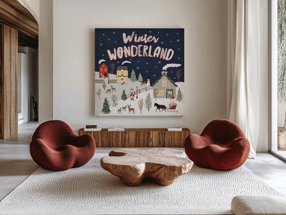 Christmas Village III by Laura Marshall. Shown as extra-large giant wall art in a modern living room. Available as an archival giclee rolled canvas, fine art paper, or poster print. SKU 48502a.