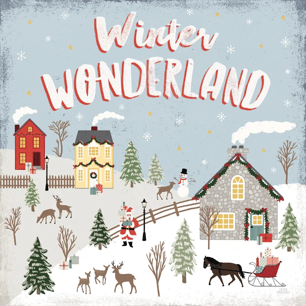 Christmas Village III Blue Sky by Laura Marshall. SKU 85782a. Archival Giclee Fine art print for wall decor.