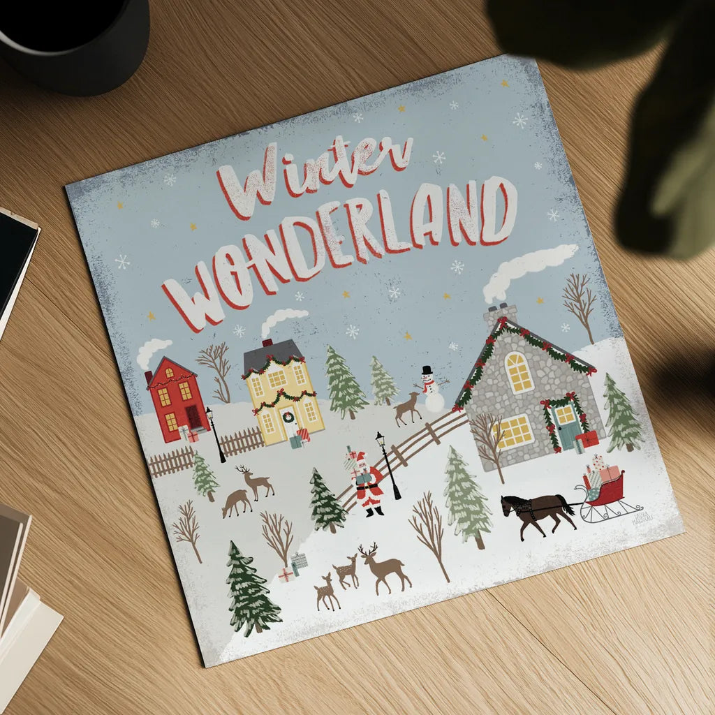 Christmas Village III Blue Sky by Laura Marshall. Shown as a detailed flat fine art print, highlighting archival giclee quality. Available as an archival giclee rolled canvas, fine art paper, or poster print. SKU 85782a.