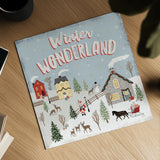 Christmas Village III Blue Sky by Laura Marshall. Shown as a detailed flat fine art print, highlighting archival giclee quality. Available as an archival giclee rolled canvas, fine art paper, or poster print. SKU 85782a.