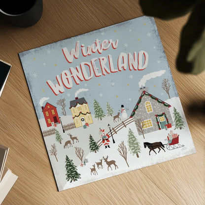 Christmas Village III Blue Sky by Laura Marshall. Shown as a detailed flat fine art print, highlighting archival giclee quality. Available as an archival giclee rolled canvas, fine art paper, or poster print. SKU 85782a.