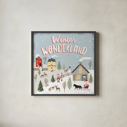Christmas Village III Blue Sky by Laura Marshall. Shown in a sleek black glass frame for a contemporary gallery look. Available as an archival giclee rolled canvas, fine art paper, or poster print. SKU 85782a.
