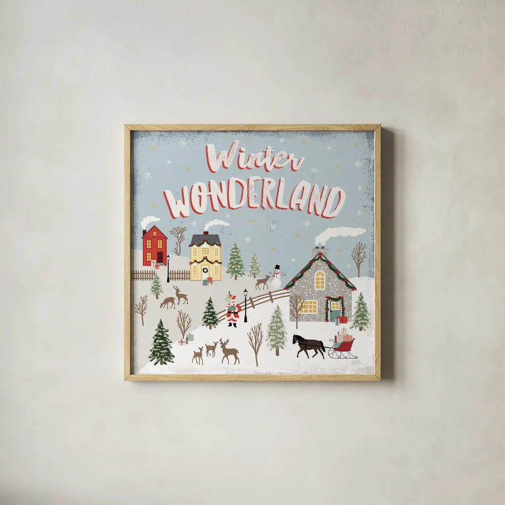 Christmas Village III Blue Sky by Laura Marshall. Shown in a natural wood glass frame for a timeless modern aesthetic. Available as an archival giclee rolled canvas, fine art paper, or poster print. SKU 85782a.