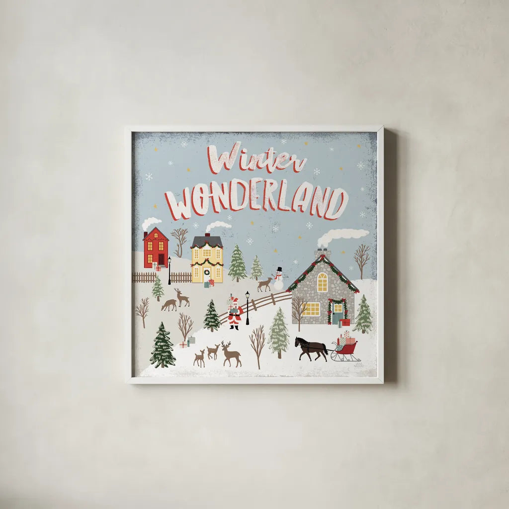 Christmas Village III Blue Sky by Laura Marshall. Shown in a crisp white glass frame for a clean and minimalist style. Available as an archival giclee rolled canvas, fine art paper, or poster print. SKU 85782a.