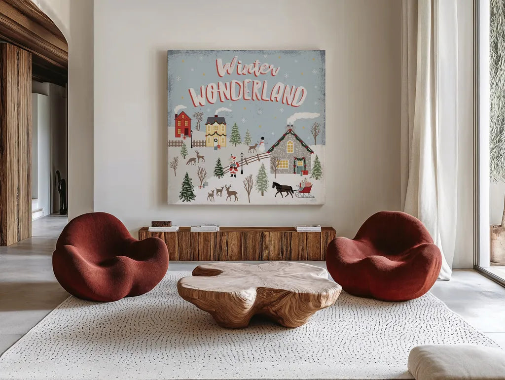 Christmas Village III Blue Sky by Laura Marshall. Shown as extra-large giant wall art in a modern living room. Available as an archival giclee rolled canvas, fine art paper, or poster print. SKU 85782a.