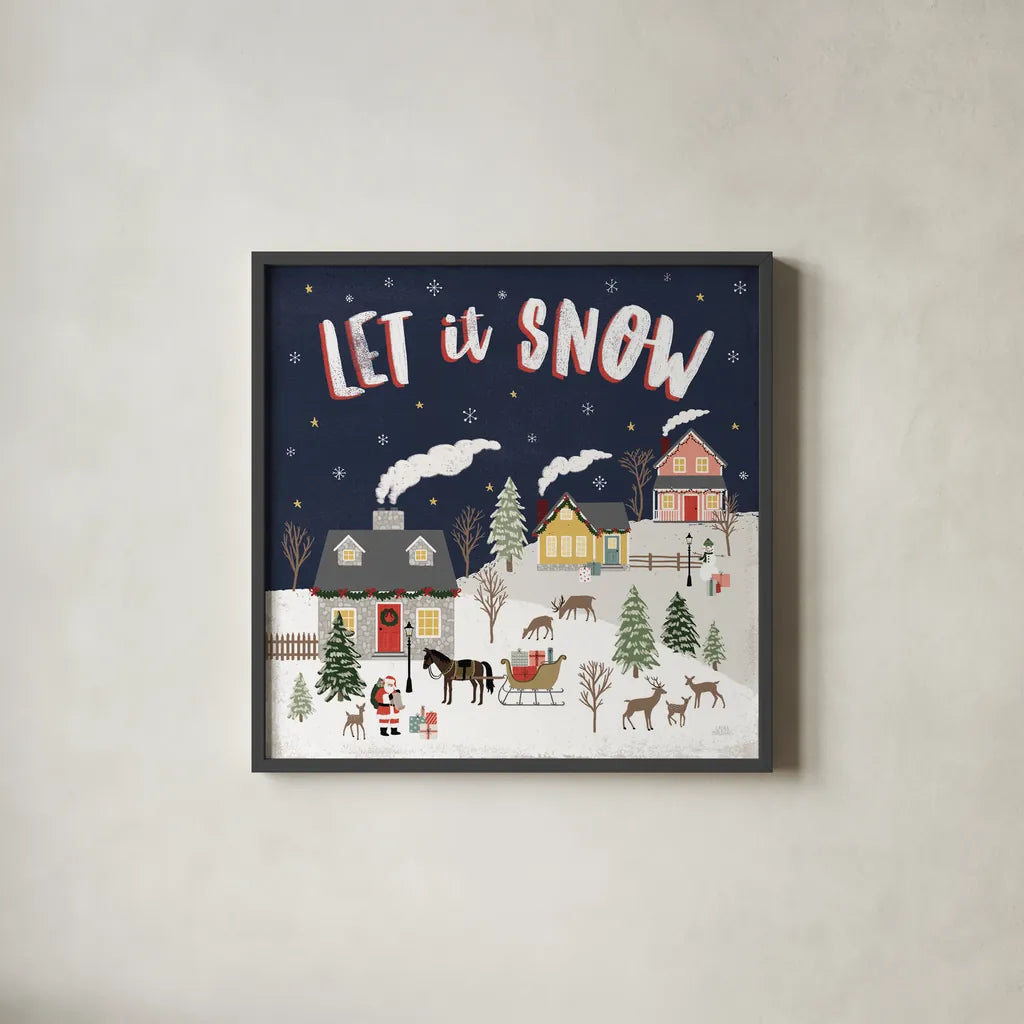 Christmas Village IV by Laura Marshall. Shown in a sleek black glass frame for a contemporary gallery look. Available as an archival giclee rolled canvas, fine art paper, or poster print. SKU 48503a.