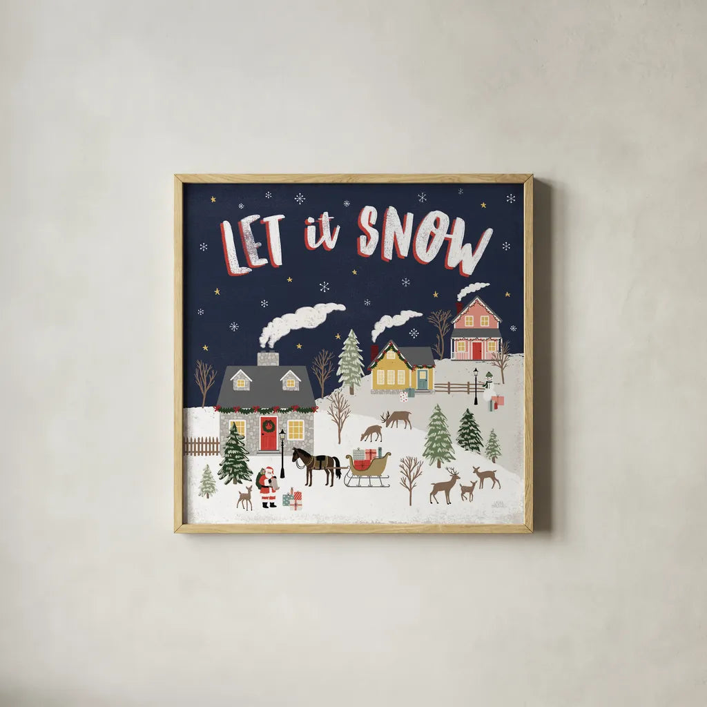 Christmas Village IV by Laura Marshall. Shown in a natural wood glass frame for a timeless modern aesthetic. Available as an archival giclee rolled canvas, fine art paper, or poster print. SKU 48503a.