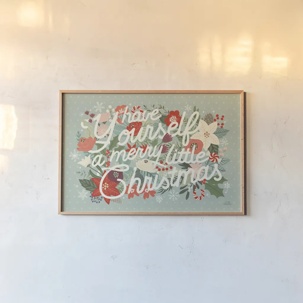 Christmas Wishes I by Laura Marshall. shown as a paper print in a natural frame. Available as a archival giclee rolled canvas, fine art paper, or poster print. SKU 66383i.