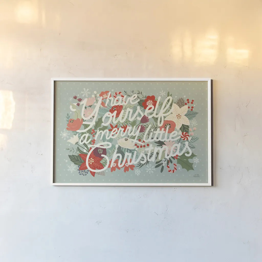 Christmas Wishes I by Laura Marshall. shown as a paper print in a white frame. Available as a archival giclee rolled canvas, fine art paper, or poster print. SKU 66383i.