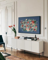 Christmas Wishes II Dark by Laura Marshall. shown as a framed stretched canvas in a living room above a console. Available as a archival giclee rolled canvas, fine art paper, or poster print. SKU 67518i.