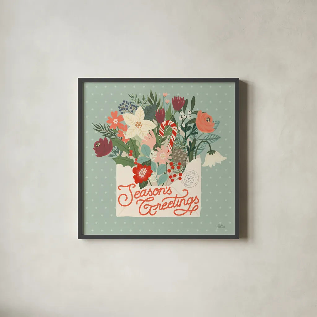 Christmas Wishes III by Laura Marshall. Shown in a sleek black glass frame for a contemporary gallery look. Available as an archival giclee rolled canvas, fine art paper, or poster print. SKU 66385a.