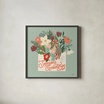 Christmas Wishes III by Laura Marshall. Shown in a sleek black glass frame for a contemporary gallery look. Available as an archival giclee rolled canvas, fine art paper, or poster print. SKU 66385a.