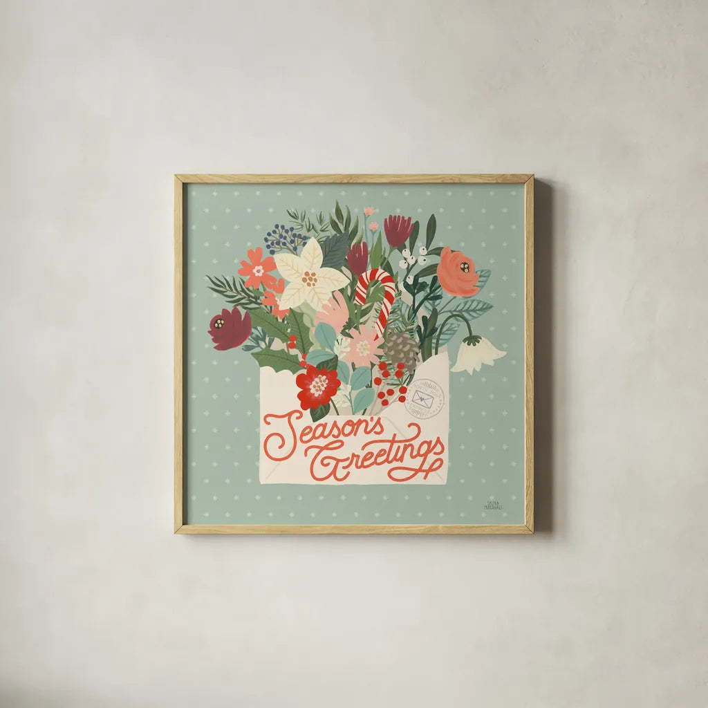 Christmas Wishes III by Laura Marshall. Shown in a natural wood glass frame for a timeless modern aesthetic. Available as an archival giclee rolled canvas, fine art paper, or poster print. SKU 66385a.