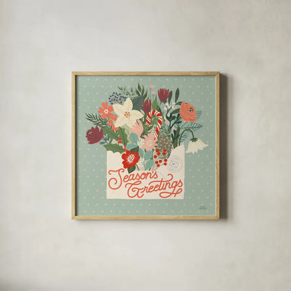 Christmas Wishes III by Laura Marshall. Shown in a natural wood glass frame for a timeless modern aesthetic. Available as an archival giclee rolled canvas, fine art paper, or poster print. SKU 66385a.