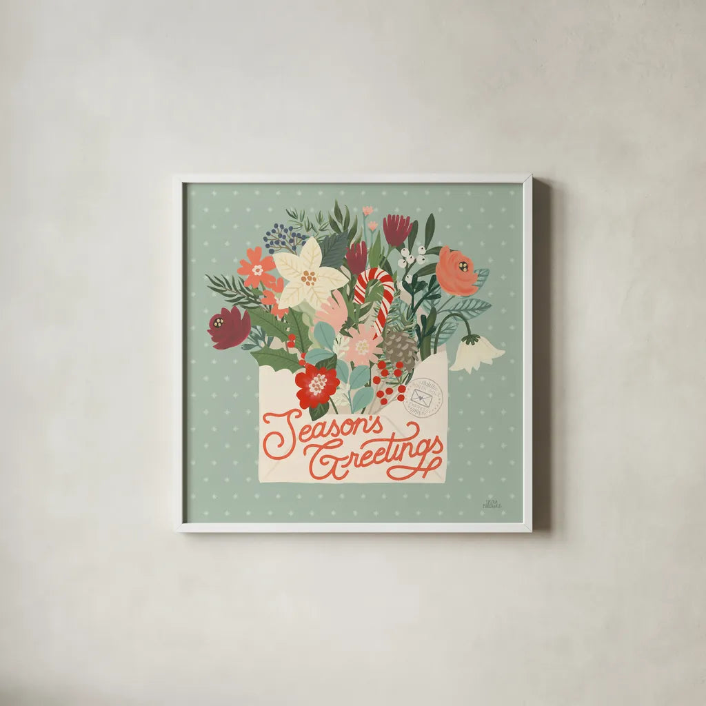 Christmas Wishes III by Laura Marshall. Shown in a crisp white glass frame for a clean and minimalist style. Available as an archival giclee rolled canvas, fine art paper, or poster print. SKU 66385a.