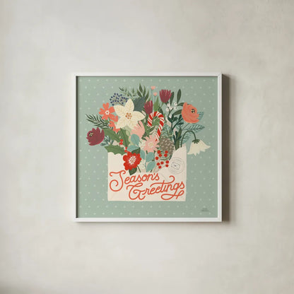 Christmas Wishes III by Laura Marshall. Shown in a crisp white glass frame for a clean and minimalist style. Available as an archival giclee rolled canvas, fine art paper, or poster print. SKU 66385a.