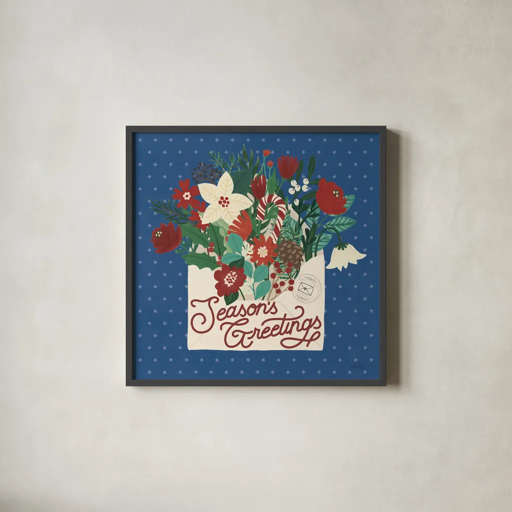 Christmas Wishes III Dark by Laura Marshall. Shown in a sleek black glass frame for a contemporary gallery look. Available as an archival giclee rolled canvas, fine art paper, or poster print. SKU 67519a.