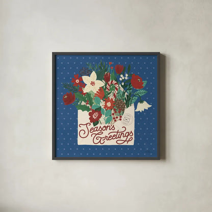 Christmas Wishes III Dark by Laura Marshall. Shown in a sleek black glass frame for a contemporary gallery look. Available as an archival giclee rolled canvas, fine art paper, or poster print. SKU 67519a.