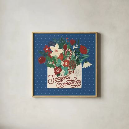 Christmas Wishes III Dark by Laura Marshall. Shown in a natural wood glass frame for a timeless modern aesthetic. Available as an archival giclee rolled canvas, fine art paper, or poster print. SKU 67519a.