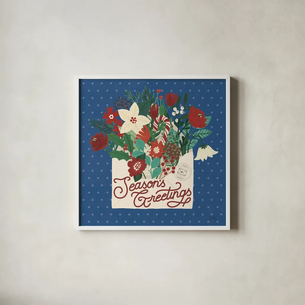 Christmas Wishes III Dark by Laura Marshall. Shown in a crisp white glass frame for a clean and minimalist style. Available as an archival giclee rolled canvas, fine art paper, or poster print. SKU 67519a.