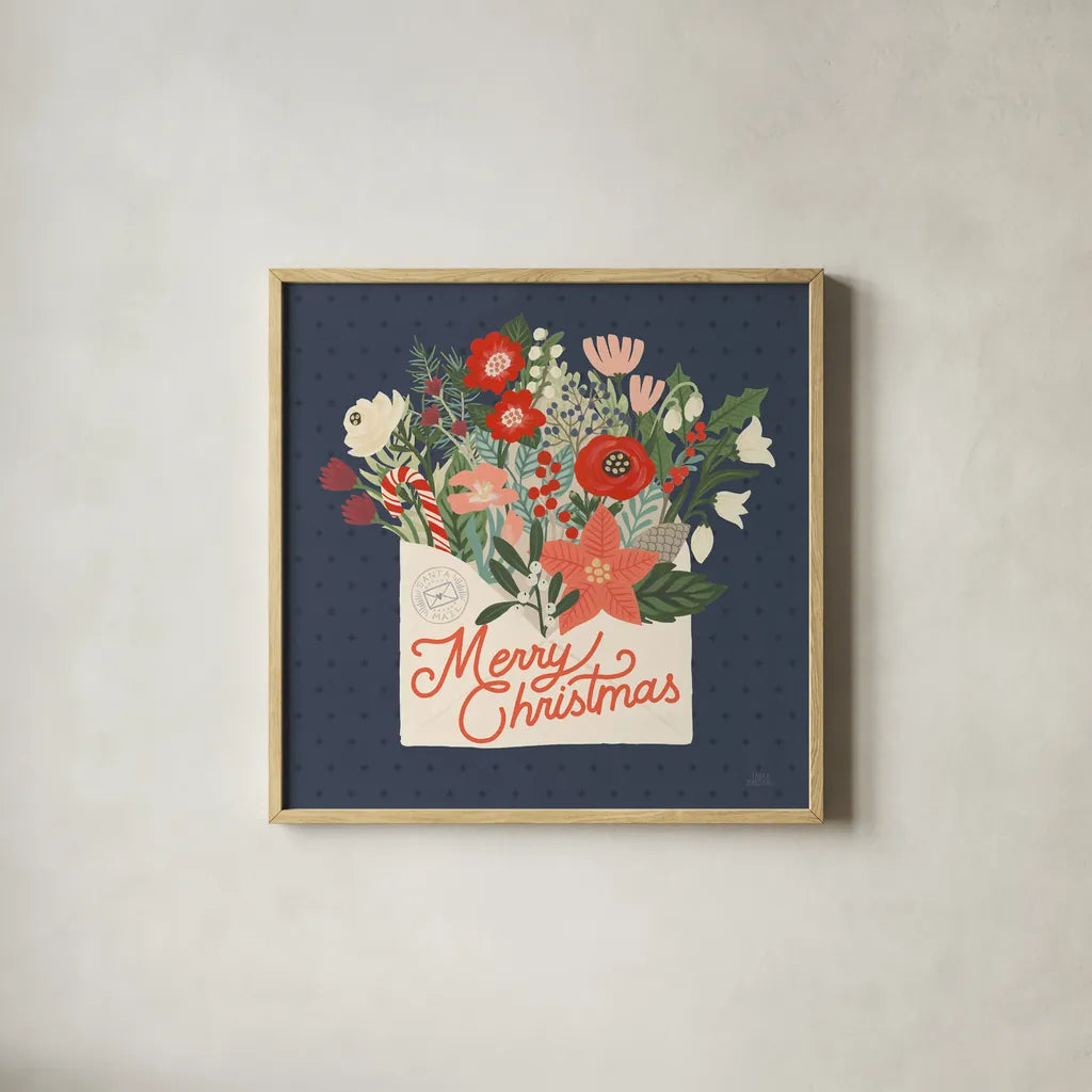 Christmas Wishes IV by Laura Marshall. Shown in a natural wood glass frame for a timeless modern aesthetic. Available as an archival giclee rolled canvas, fine art paper, or poster print. SKU 66386a.