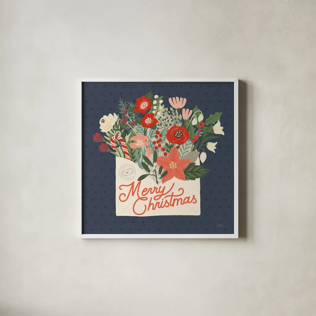 Christmas Wishes IV by Laura Marshall. Shown in a crisp white glass frame for a clean and minimalist style. Available as an archival giclee rolled canvas, fine art paper, or poster print. SKU 66386a.