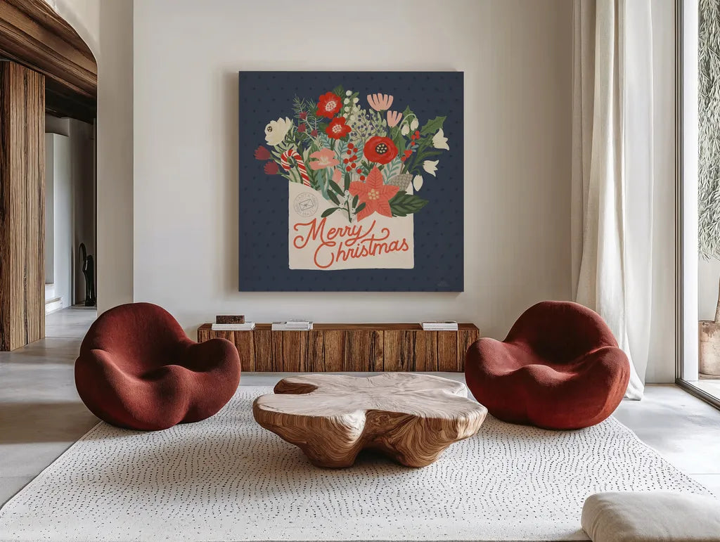 Christmas Wishes IV by Laura Marshall. Shown as extra-large giant wall art in a modern living room. Available as an archival giclee rolled canvas, fine art paper, or poster print. SKU 66386a.