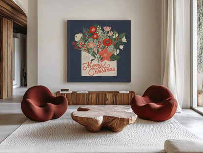 Christmas Wishes IV by Laura Marshall. Shown as extra-large giant wall art in a modern living room. Available as an archival giclee rolled canvas, fine art paper, or poster print. SKU 66386a.