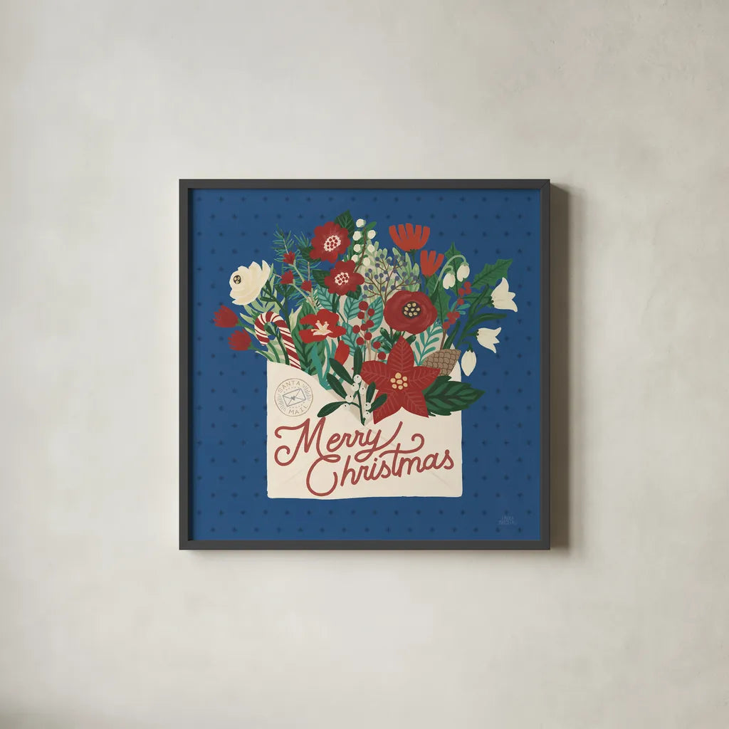 Christmas Wishes IV Dark by Laura Marshall. Shown in a sleek black glass frame for a contemporary gallery look. Available as an archival giclee rolled canvas, fine art paper, or poster print. SKU 67520a.