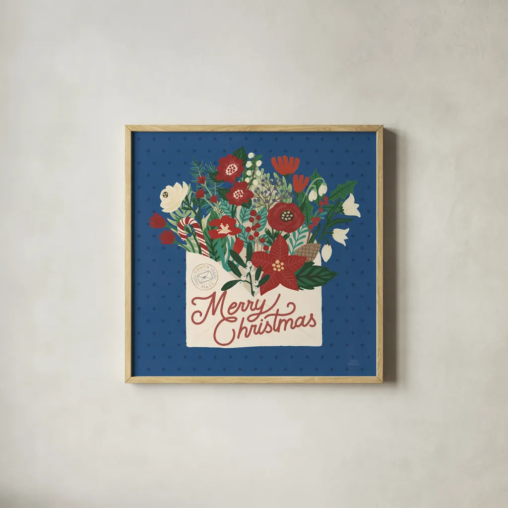 Christmas Wishes IV Dark by Laura Marshall. Shown in a natural wood glass frame for a timeless modern aesthetic. Available as an archival giclee rolled canvas, fine art paper, or poster print. SKU 67520a.