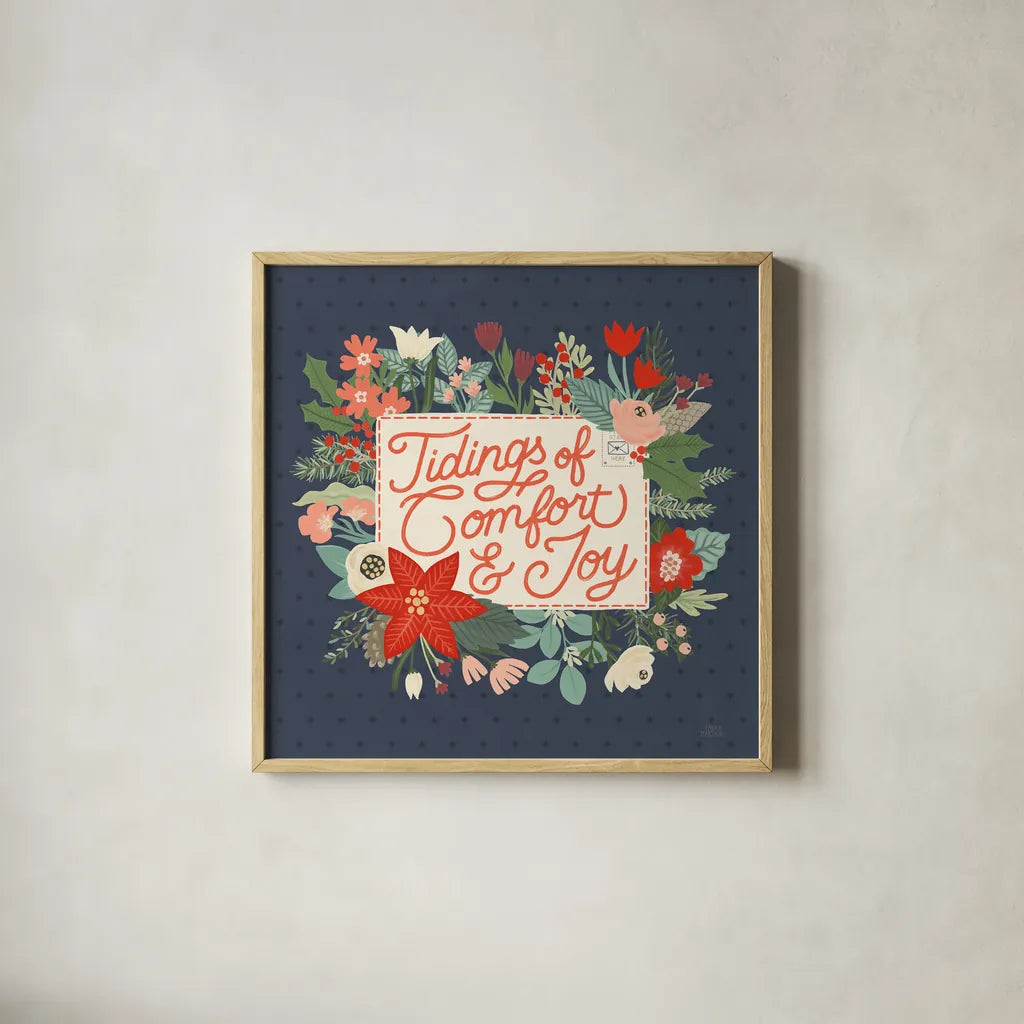 Christmas Wishes V by Laura Marshall. Shown in a natural wood glass frame for a timeless modern aesthetic. Available as an archival giclee rolled canvas, fine art paper, or poster print. SKU 66387a.