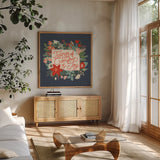 Christmas Wishes V by Laura Marshall. Shown in a natural wood frame in a cozy modern living room. Available as an archival giclee rolled canvas, fine art paper, or poster print. SKU 66387a.