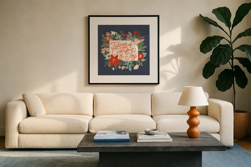 Christmas Wishes V by Laura Marshall. Displayed in a glass frame with matte in a clean modern living room. Available as an archival giclee rolled canvas, fine art paper, or poster print. SKU 66387a.