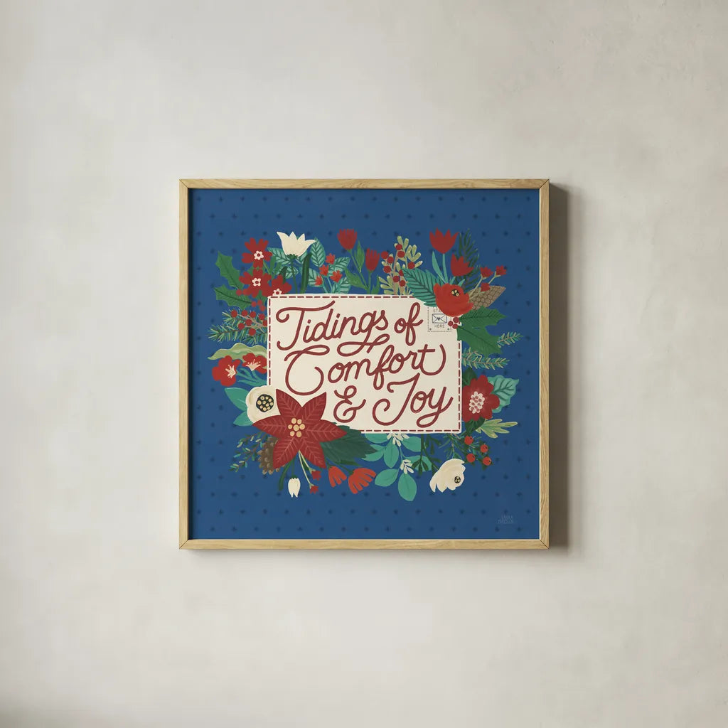 Christmas Wishes V Dark by Laura Marshall. Shown in a natural wood glass frame for a timeless modern aesthetic. Available as an archival giclee rolled canvas, fine art paper, or poster print. SKU 67521a.
