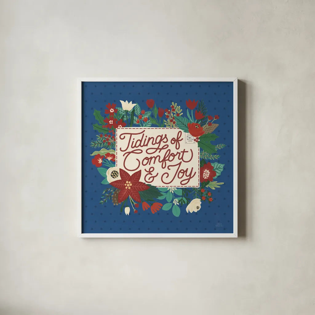 Christmas Wishes V Dark by Laura Marshall. Shown in a crisp white glass frame for a clean and minimalist style. Available as an archival giclee rolled canvas, fine art paper, or poster print. SKU 67521a.