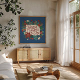 Christmas Wishes V Dark by Laura Marshall. Shown in a natural wood frame in a cozy modern living room. Available as an archival giclee rolled canvas, fine art paper, or poster print. SKU 67521a.