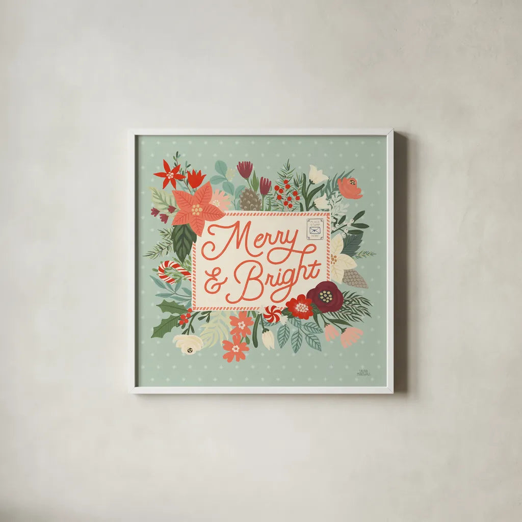 Christmas Wishes VI by Laura Marshall. Shown in a crisp white glass frame for a clean and minimalist style. Available as an archival giclee rolled canvas, fine art paper, or poster print. SKU 66388a.