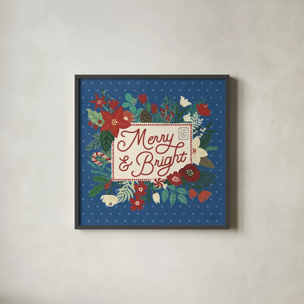 Christmas Wishes VI Dark by Laura Marshall. Shown in a sleek black glass frame for a contemporary gallery look. Available as an archival giclee rolled canvas, fine art paper, or poster print. SKU 67522a.