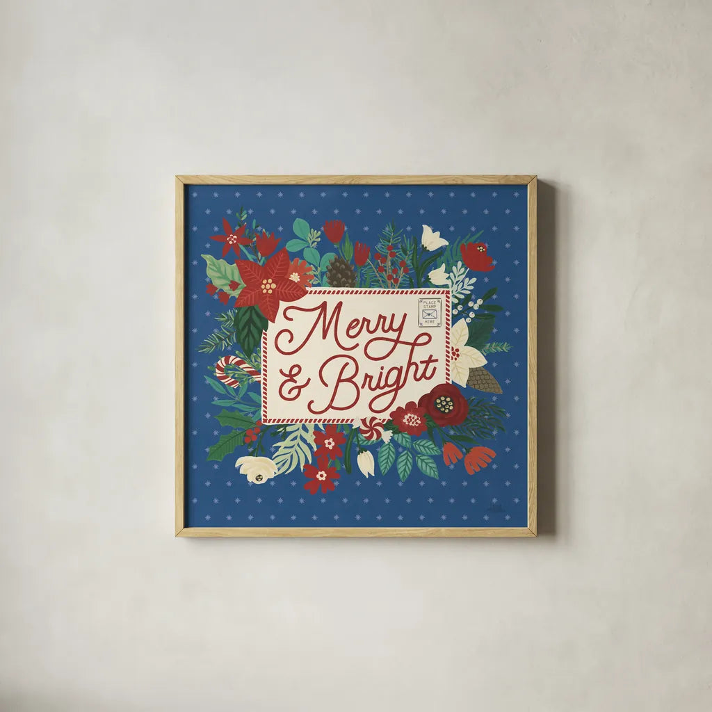 Christmas Wishes VI Dark by Laura Marshall. Shown in a natural wood glass frame for a timeless modern aesthetic. Available as an archival giclee rolled canvas, fine art paper, or poster print. SKU 67522a.