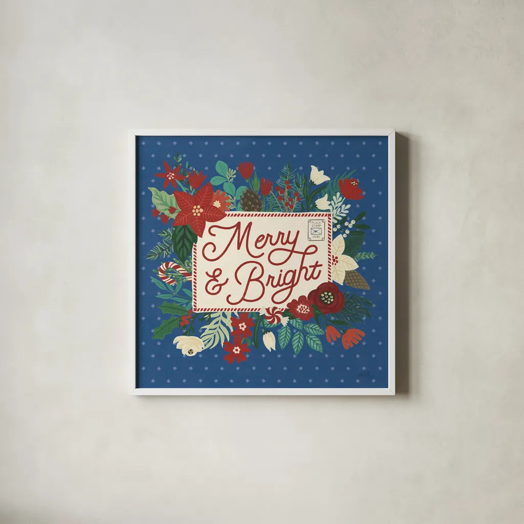 Christmas Wishes VI Dark by Laura Marshall. Shown in a crisp white glass frame for a clean and minimalist style. Available as an archival giclee rolled canvas, fine art paper, or poster print. SKU 67522a.