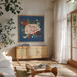 Christmas Wishes VI Dark by Laura Marshall. Shown in a natural wood frame in a cozy modern living room. Available as an archival giclee rolled canvas, fine art paper, or poster print. SKU 67522a.