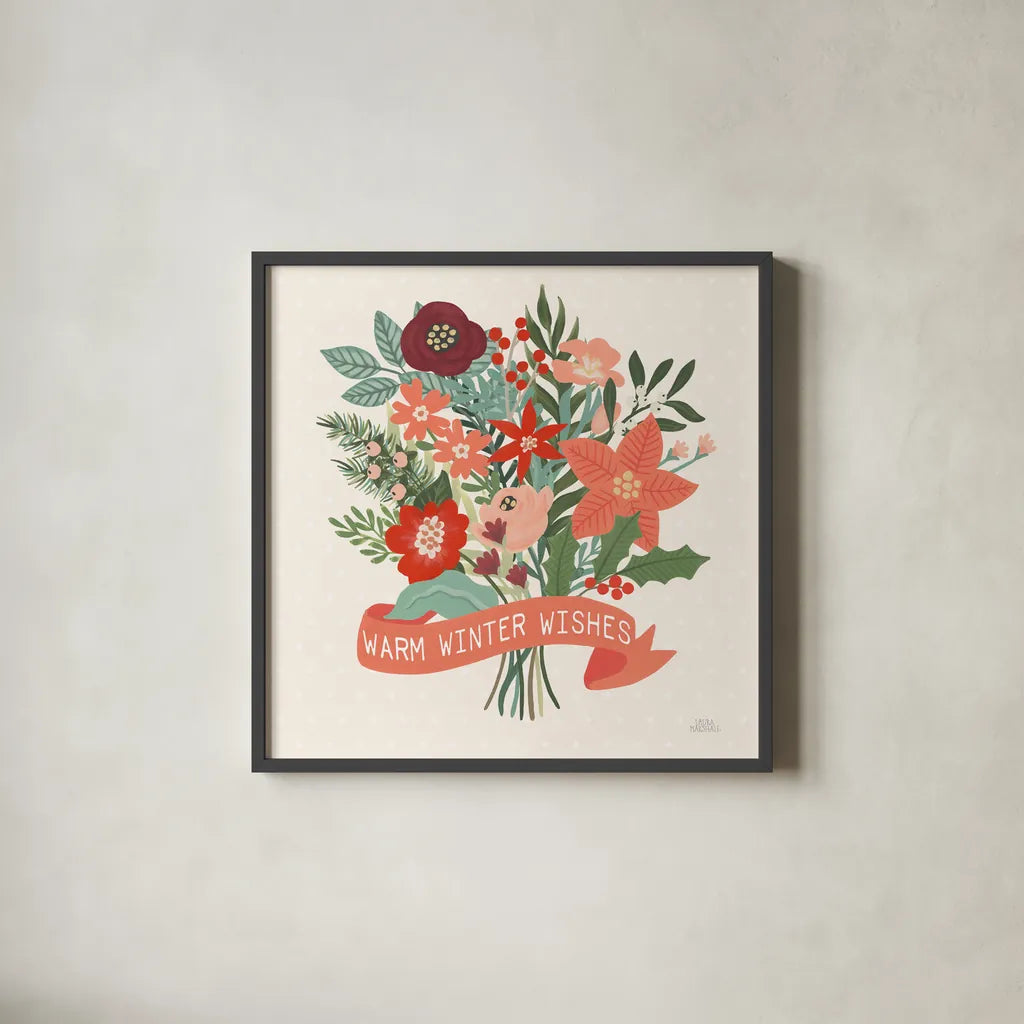 Christmas Wishes VII by Laura Marshall. Shown in a sleek black glass frame for a contemporary gallery look. Available as an archival giclee rolled canvas, fine art paper, or poster print. SKU 66389a.
