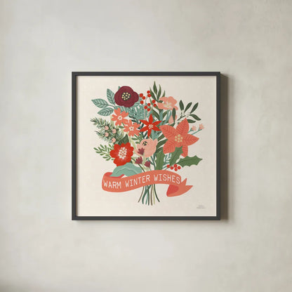 Christmas Wishes VII by Laura Marshall. Shown in a sleek black glass frame for a contemporary gallery look. Available as an archival giclee rolled canvas, fine art paper, or poster print. SKU 66389a.