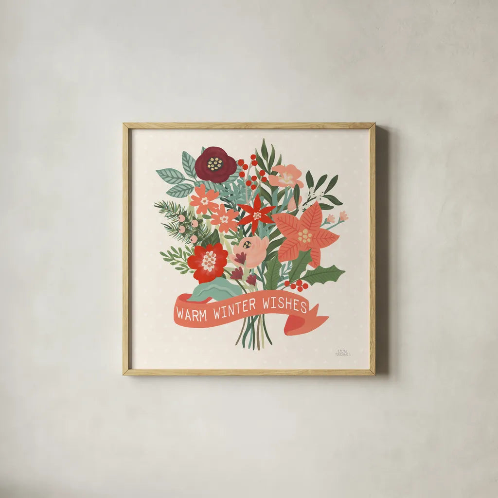 Christmas Wishes VII by Laura Marshall. Shown in a natural wood glass frame for a timeless modern aesthetic. Available as an archival giclee rolled canvas, fine art paper, or poster print. SKU 66389a.